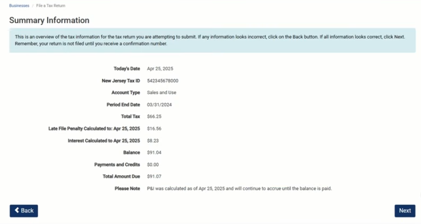Sales tax return summary