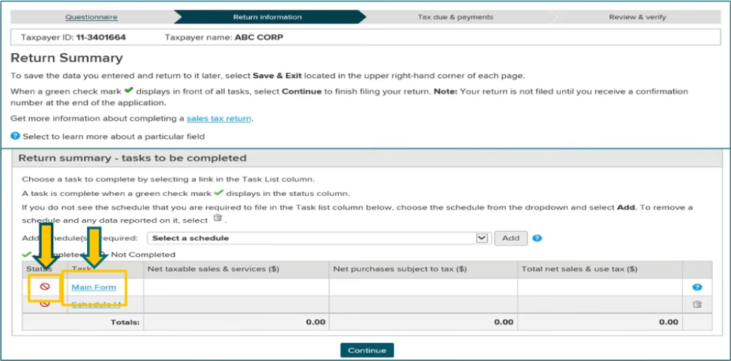New York sales tax return main form